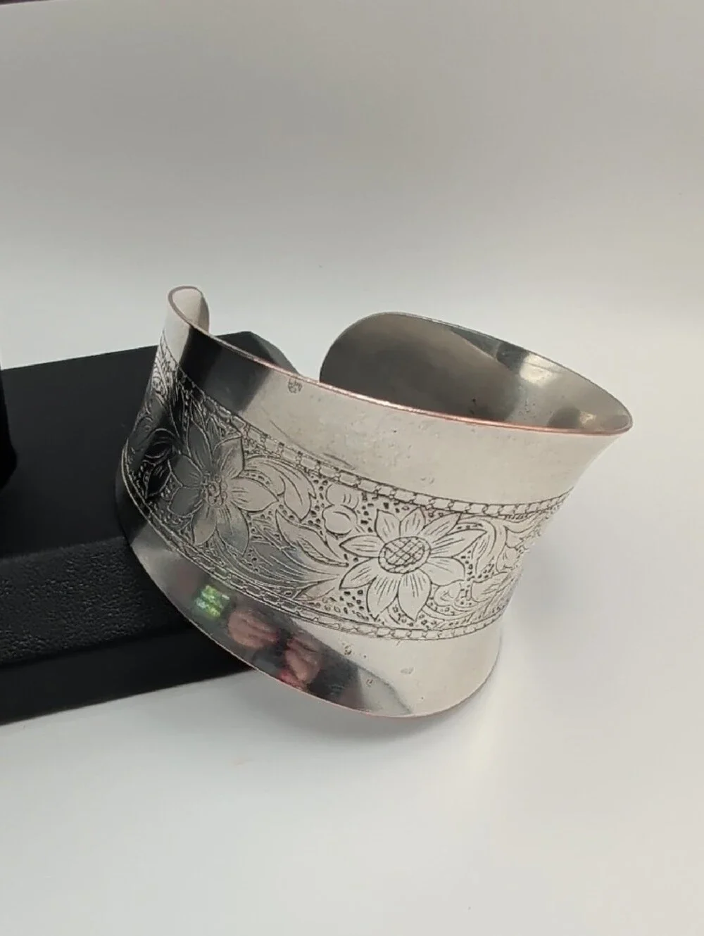 Engraved Floral Silver Cuff Bracelet